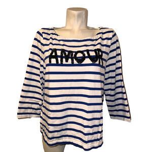 LORD & TAYLOR Top Women's Size XL Blue Wht Striped Beaded AMOUR 3/4 Sleeve Shirt